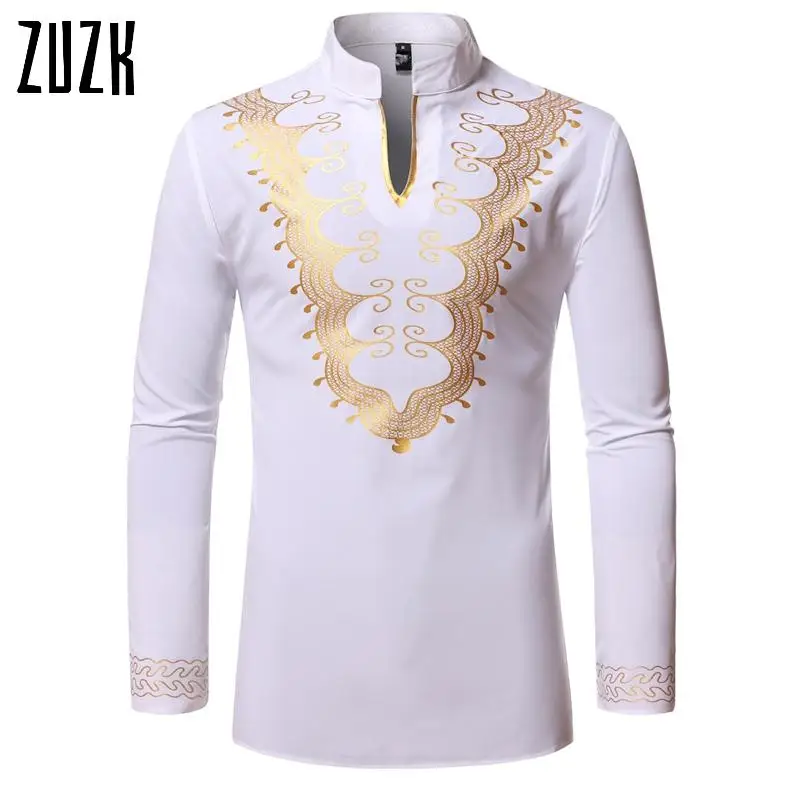 Рубашка мужская оверсайз с воротником-стойкой роскошная белая сорочка золотым