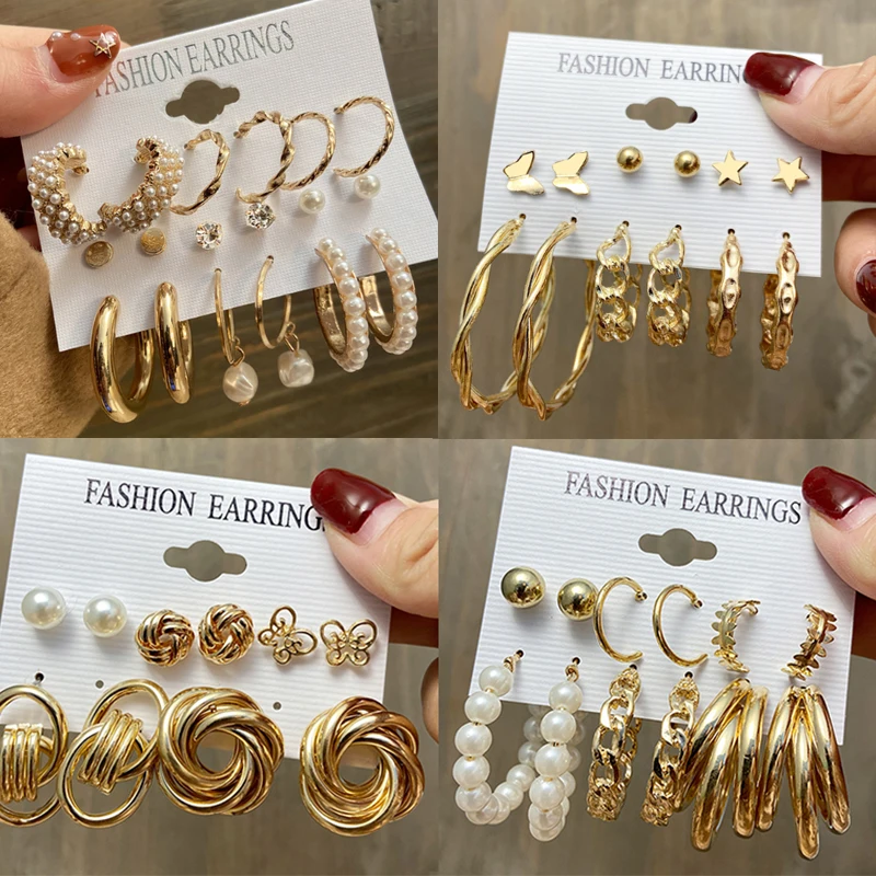 

Fashion Pearl Hoop Earrings Set For Women Geometirc Gold Metal Circle Hoop Earrings Brincos 2021 Trend Jewelry Gift
