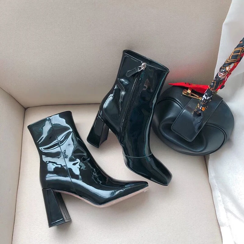 2020 Winter New Collection Designer Boots Knee High Long Mirror Leather Square Toe Heel Lelathe Shoes Women | Обувь