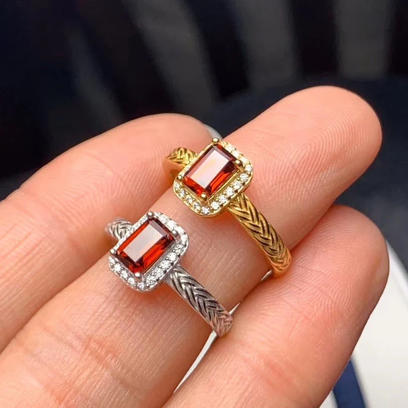

Luomansi Solid S925 Sterling Silver Gemstone Jewelry Natural Garnet Open Ring Woman Birthday Party Gift Wholesale