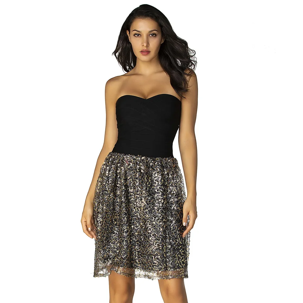 

Sexy Strapless Cross Bust Sequins Mesh Bandage Summer Dress Women Sleeveless Knee Length Club Dress платье שמלות Vestidos
