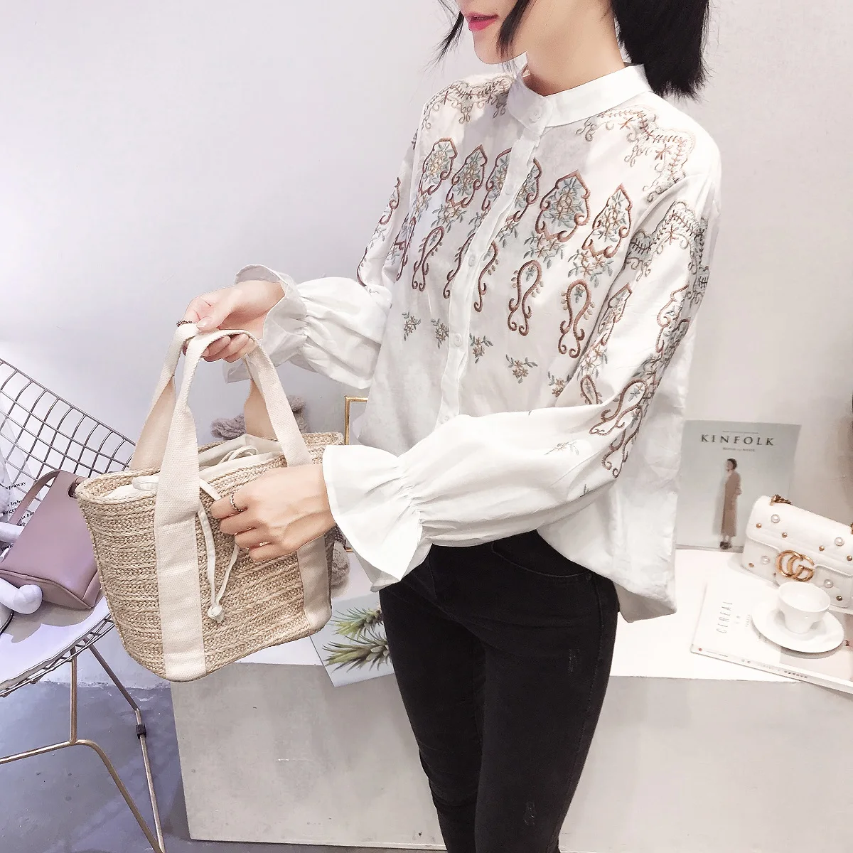 Женские хлопковые топы с длинным рукавом белые рубашки цветочной вышивкой
