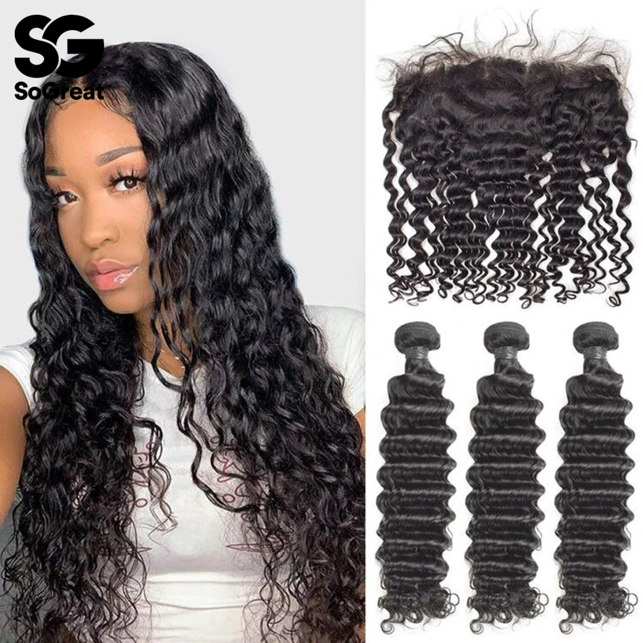 Кудрявые 30 40 дюймов человеческие волосы пучки с фронтальной глубокой волной воды