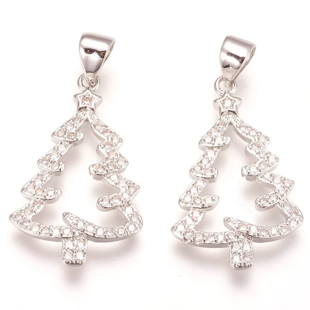 

10PCS Brass Micro Pave Cubic Zirconia Pendants Christmas Tree Clear Platinum 23x15x2mm Hole: 3.5x5mm for fashion jewelry