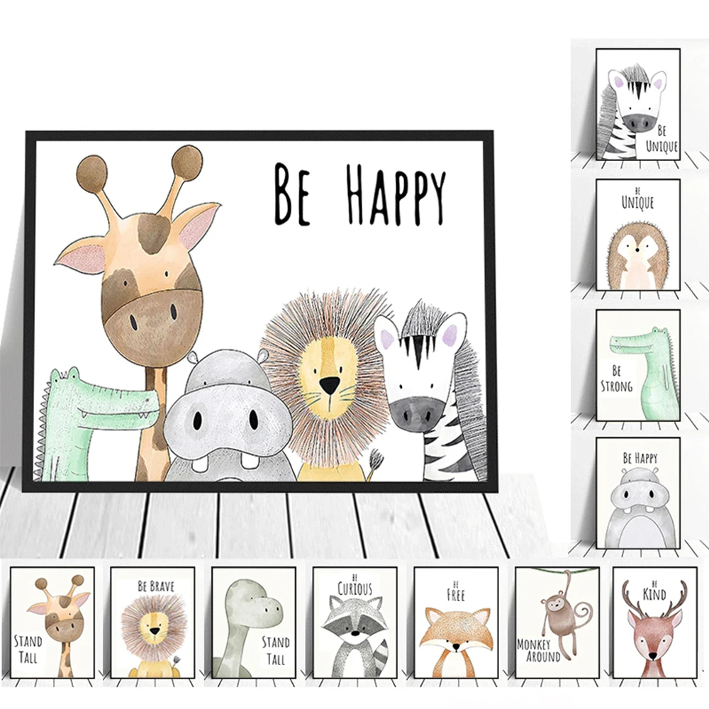 

Cute Cartoon Animal Combination Canvas Painting Dinosaur Lion Hedgehog Elk Poster Inspirational Children's Room Decor Pictures