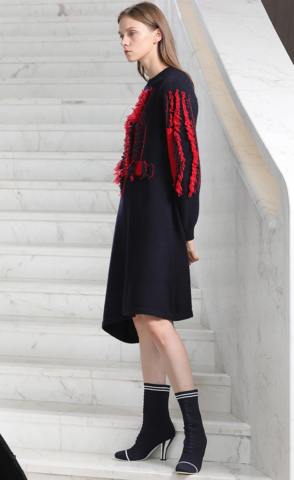 Navy Blue RONGFANGZI Inner Mongolian Cashmere Dress Women Pullover Ribbed Crewneck Cuffs Winter Thick 3 Gauge Knit in SlavaStore - Цвет: Navy Blue
