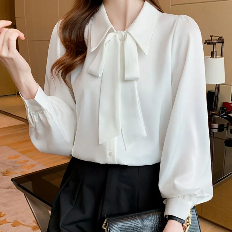 

Satin Shirt Women's Autumn Clothes 2021 White Long-sleeved Shirt Korean Style Solid Dropshipping Bow Chiffon Tops Blusas 1289