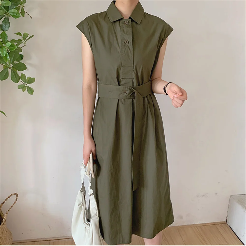 

HziriP Shirts Maxi Dress Sleeveless Elegant Femme Chic Stylish 2021 OL Pure Color Streetwear Women Fashion Robe Summer Vestidos