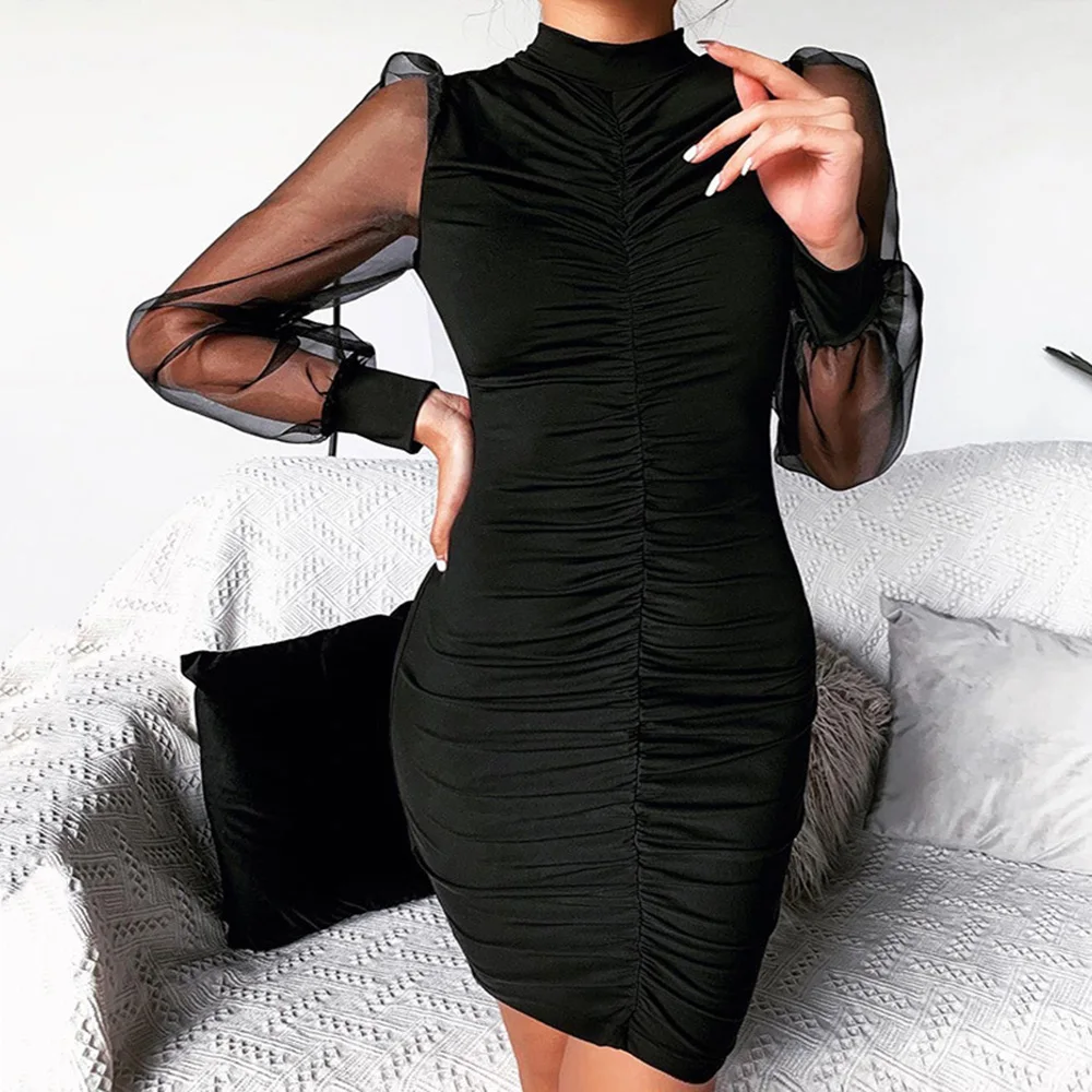 Сексуальное Сетчатое платье-фонарик с длинным рукавом облегающее платье женское