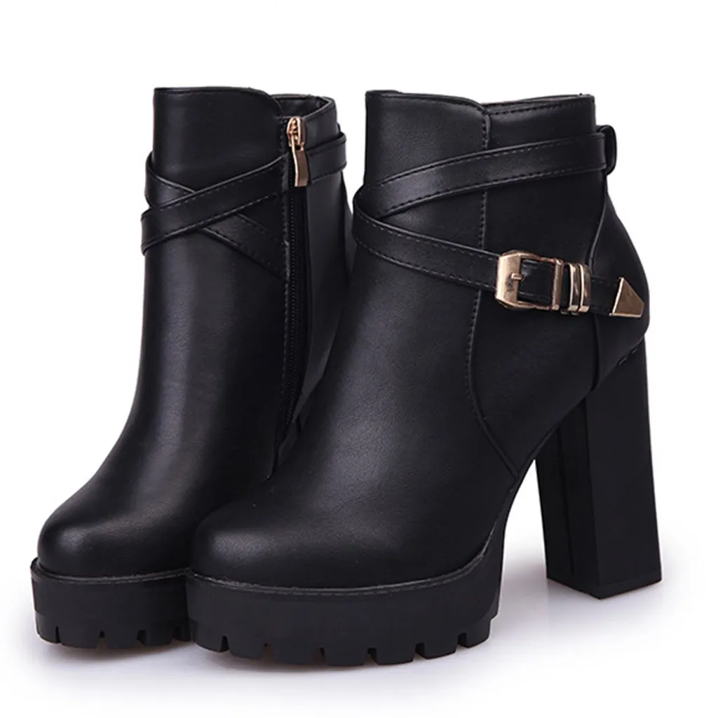 Женские теплые зимние сапоги на платформе модные молнии с ремешком и пряжкой