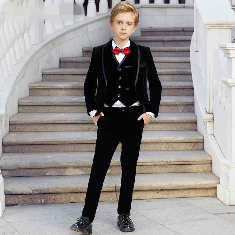 

Вельветовые штаны в цветочном деловой костюм для мальчиков, Детская Свадебная вечеринка платье Блейзер, жилет, штаны с бантиком, комплект из 3 предметов, Детский костюм-смокинг костюм для выпускного бала