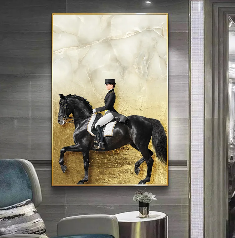 

Canvas Painting Wall Art European Modern Marble Pattern Gold Foil Equestrian Entrance Decoration Posters for Home Decoration