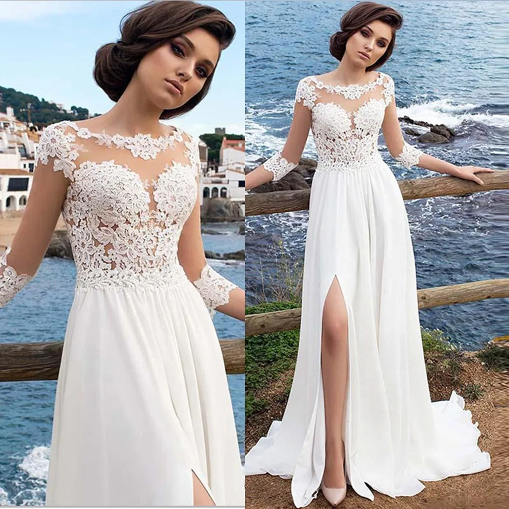 Модное женское прозрачное длинное платье однотонное свадебное кружевное