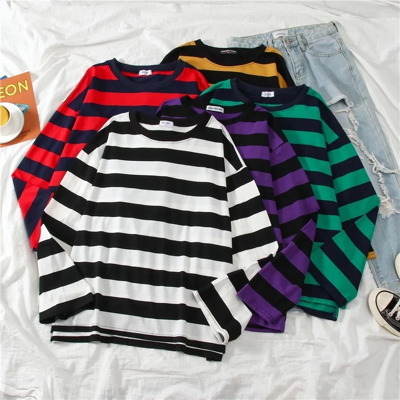 

Women Cotton Purple Striped Tops T Shirt Harajuku Tshirt Summer Korean Tops vintage cotton clothes woman Long Sleeve tshirt park