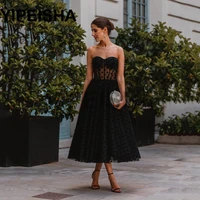 strapless sleeveless backless tea length evening dresses simple see through spotted prom party gown vestidos de fiesta %d0%bf%d0%bb%d0%b0%d1%82%d1%8c%d0%b5