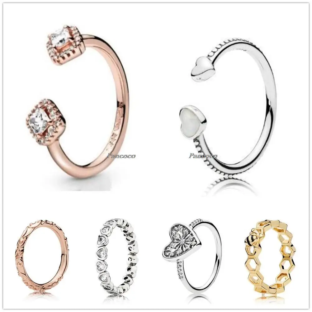 

Authentic 925 Sterling Silver Rose Square Sparkle Open Rings For Women Wedding Party Gift Europe Fashion Jewelry