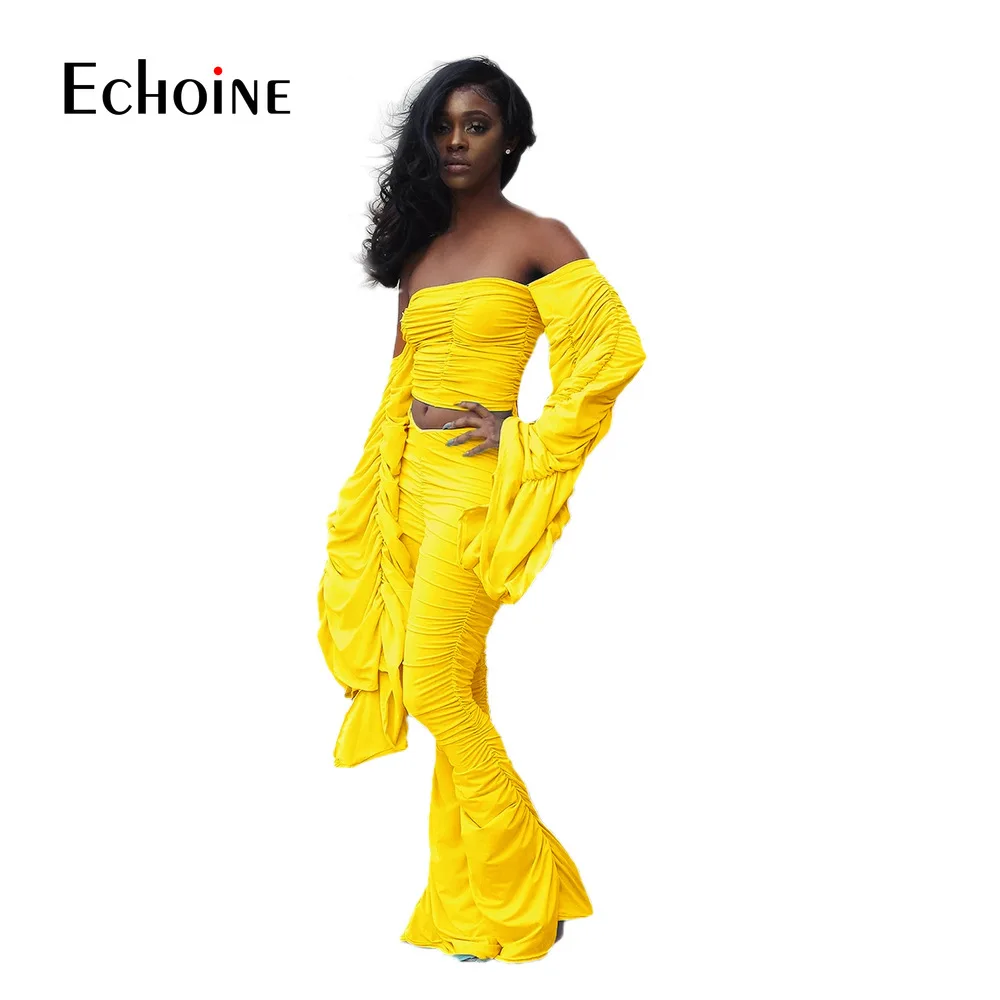 

Echoine Women Solid Sexy Street Two Piece Set Stacked Flare Sleeve Crtop Tops Stracked Flare Pants Suit Club Party Matching Set