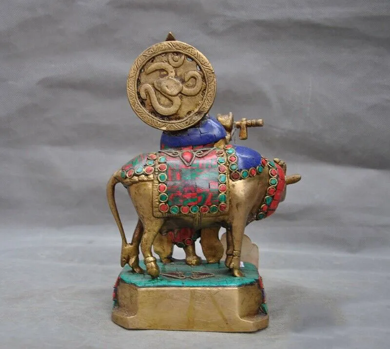 

wedding decoration Old Tibetan Bronze Gilt Inlay turquoise gem Ox Flute Tara Kwan-yin Buddha statue