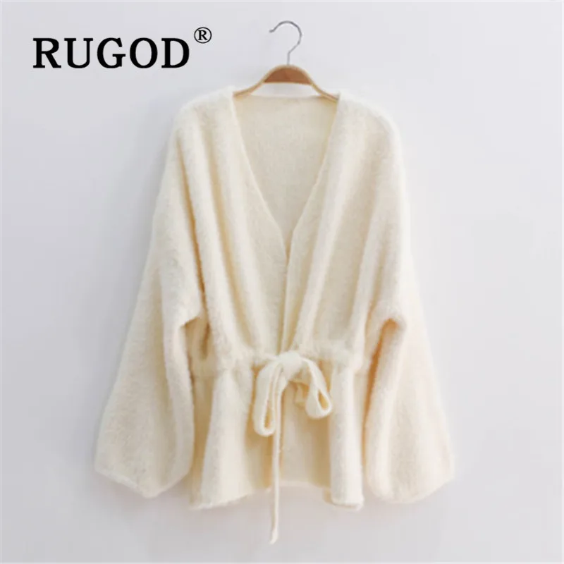 RUGOD Fuzzy Cardigan Belt Collect Waist Sweater Womens Sweaters 2019 Winter Tops For Women Knitwear Fashion Kpop Clothes |