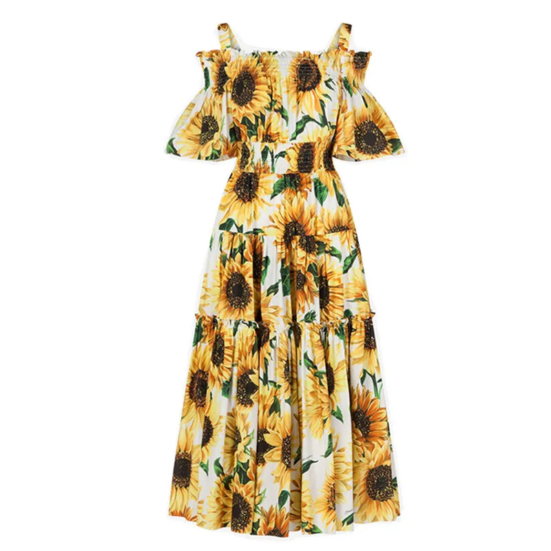 

2020 Summer Runway Sunflower Printed Dress Women's Cold Cut Out Off Shoulder Slash Neck Floral Print Sundress Holiday Long Dress