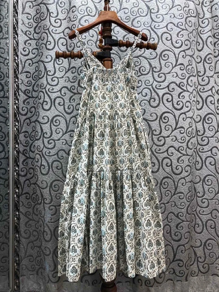 

100%Cotton Dress 2020 Summer Sexy Beach Women V-Neck Elegant Flower Print Sleeveless A-Line Casual Sun Dress Beautiful Ladies