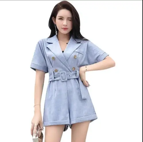 Office Lady Cotton and Linen Blazer Design Summer Women Short Sleeve Rompers Playsuits with Belt Notch Collar Wide Leg RQ438 | Женская