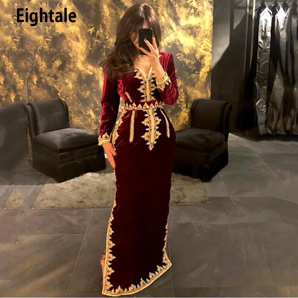 

Eightae Arabic Morocco Kaftan Evening Dress Burgundy Velvet Gold Appliques Long Sleeve caftan Formal Muslim Prom Party Gown