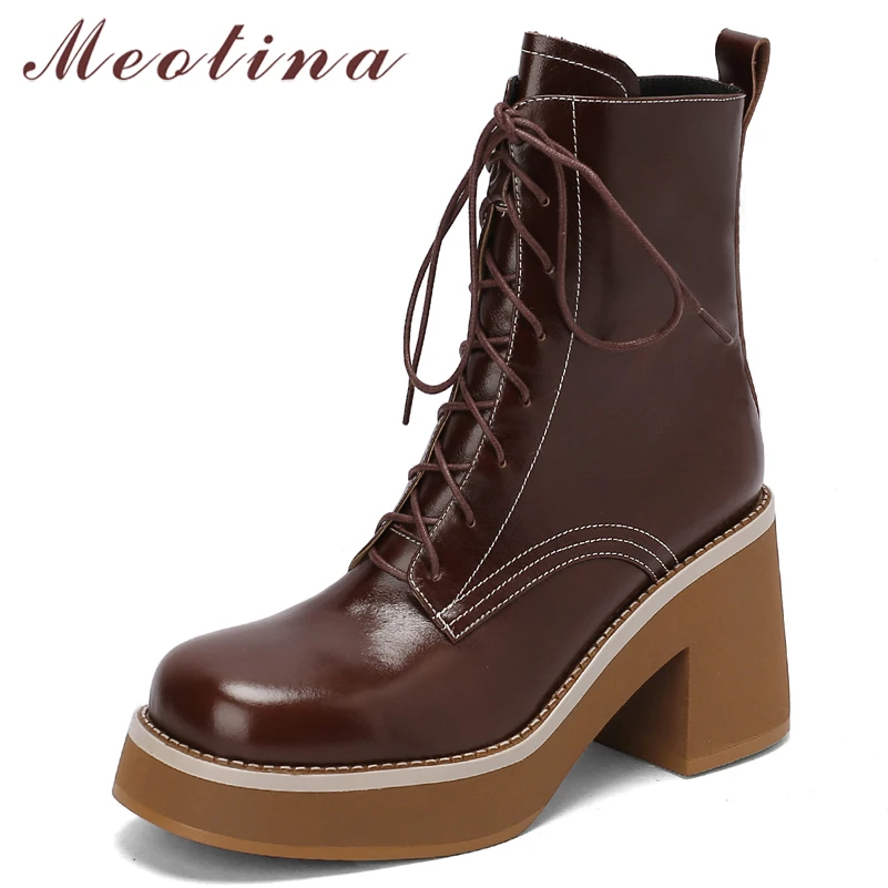 

Meotina Women Genuine Leather Ankle Boots Round Toe Zipper Shoes Platform Thick High Heel Ladies Short Boots 2021 Autumn Brown