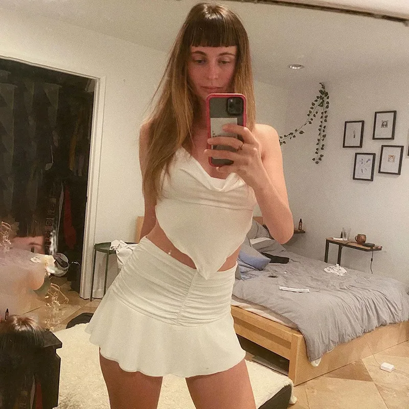 

White Sleeveless Sexy Halter Rhombus Crop Tops for Women Rave Festival Backless Lacing Cropped Feminino Tops