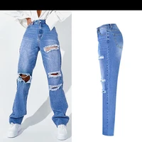 high waist womens fashion jeans gials straight long pants loose denim 2021 bagge broken hole mom trousers