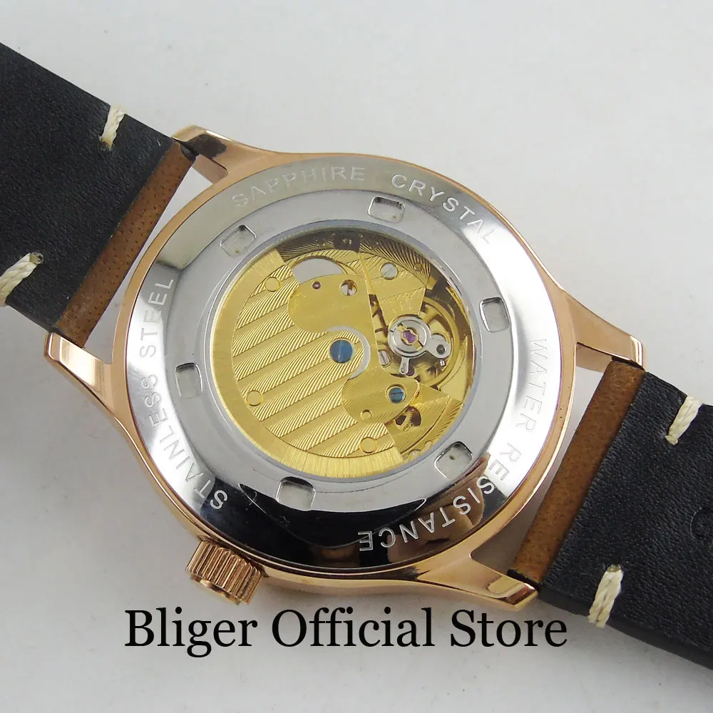 

Top Quality Automatic Mechanical Men Wristwatch 42mm Round Black Sterile Dial ST Movement Luminous Hand Rose Gold Case