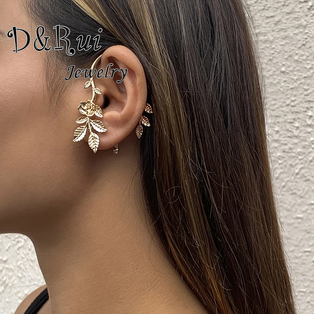 

Women Ear Clips Fashion Retro Minimalist Rose Leaves Ear Chain Earrings Metal Diamond-shaped Sequins Rivet Ear Clips 2021 New