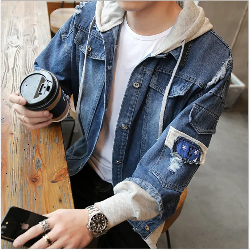 Джинсовые куртки для мужчин сезон весна-Зима 2019 мужские с капюшоном джинсы