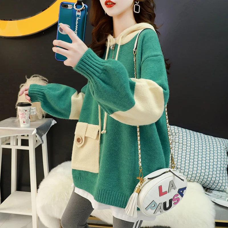 Women Knitted Sweater And Pullovers Korean Fashion Style Hooded Sweaters Autumn Winter 2019 New Pocket | Женская одежда