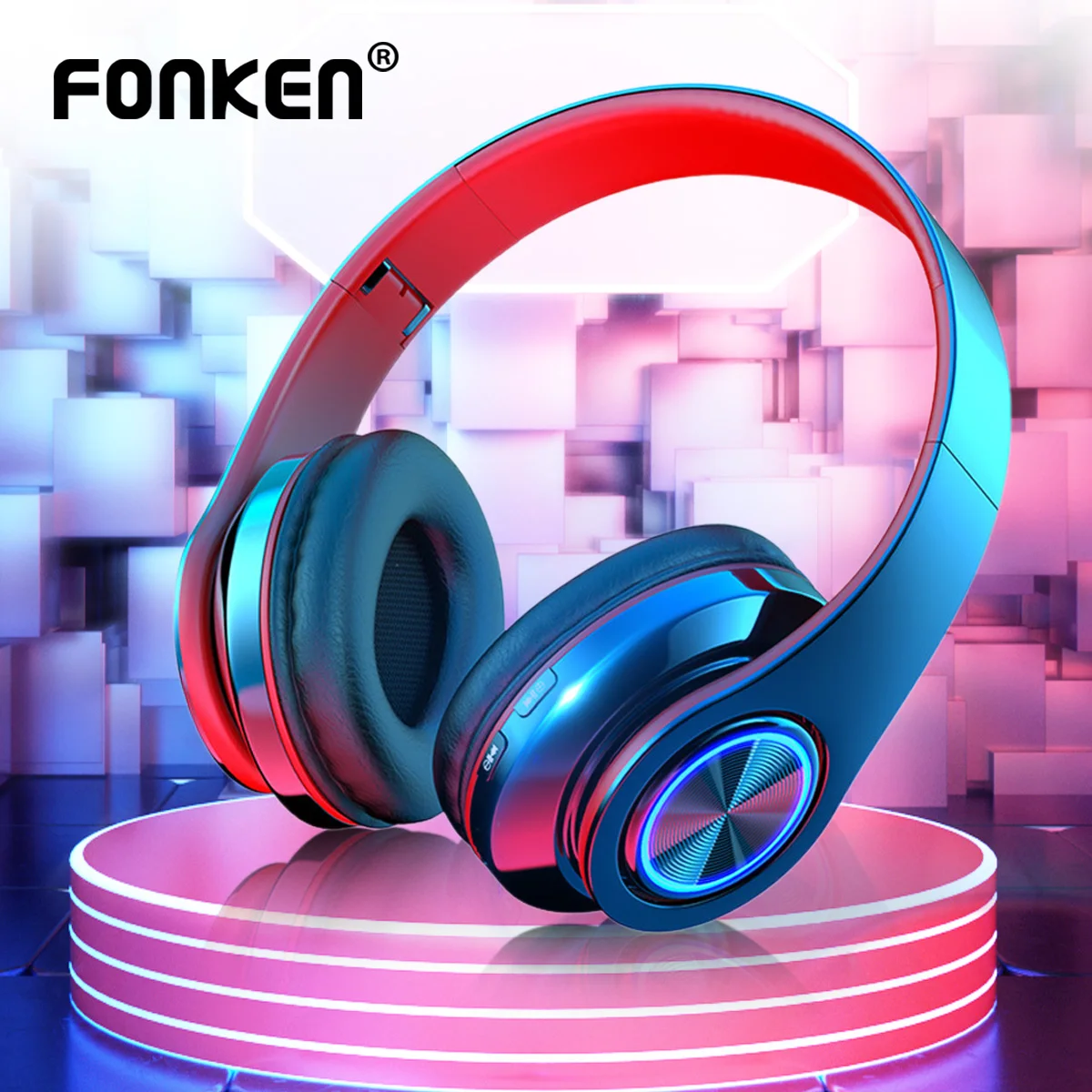 

Fonken Wireless Bluetooth Headsets Portable Folding Headphone Built-in FM Mp3 Player With LED Colorful Light for iphone Tablet