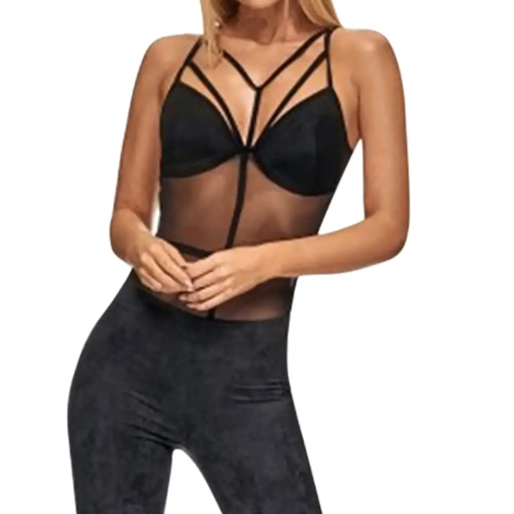 Mesh Women Jumpsuits Sexy Perspective Skinny Solid Color Sleeveless Clubwear Bodysuits Overalls monos de fiesta 2020 New Hot E |