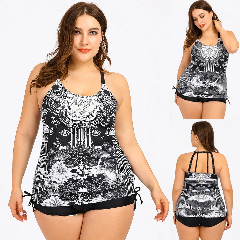 

Plus Size Swimwear Women Swimsuit Sexy Tankini Set Two-piece Suit Boho Print Padded Bandage Bathing Suit Halter Swimdress Ladies