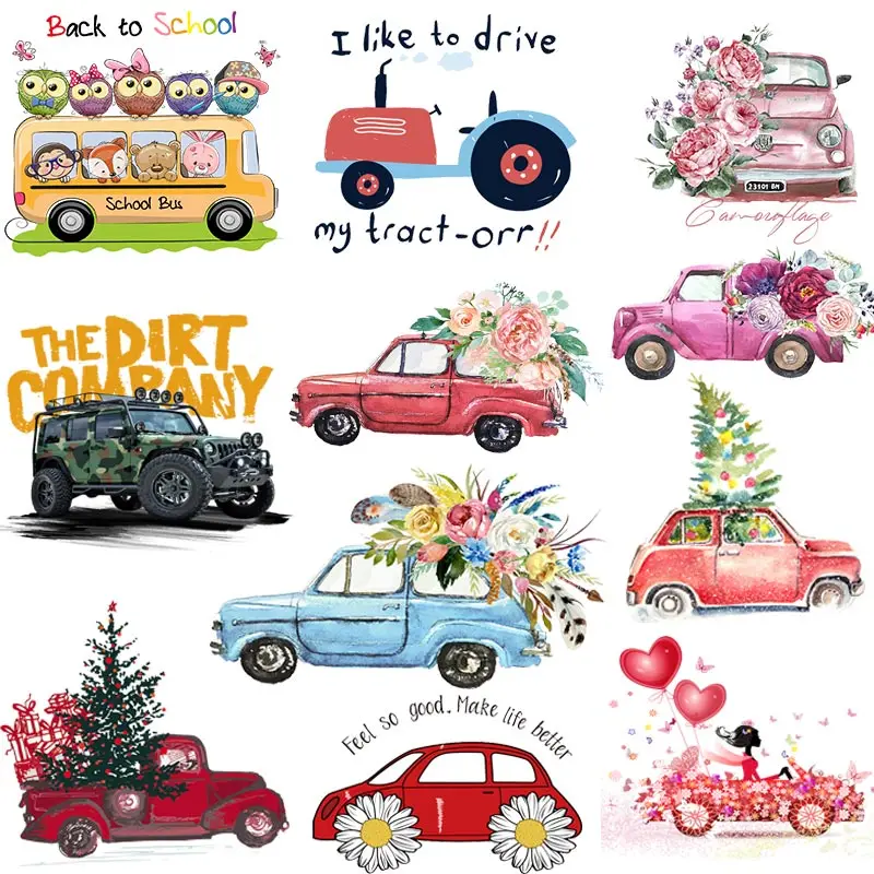 

Fashion Car Heat Vinyl Transfer For Clothing Iron On Flower Bike Transfers For Clothes Appliques Thermo Stickers For DIY T-shirt