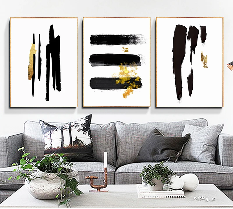 

Абстрактная черная Золотая кисточка строка искусство стены плакат печать картины гостиная украшение интерьера дома