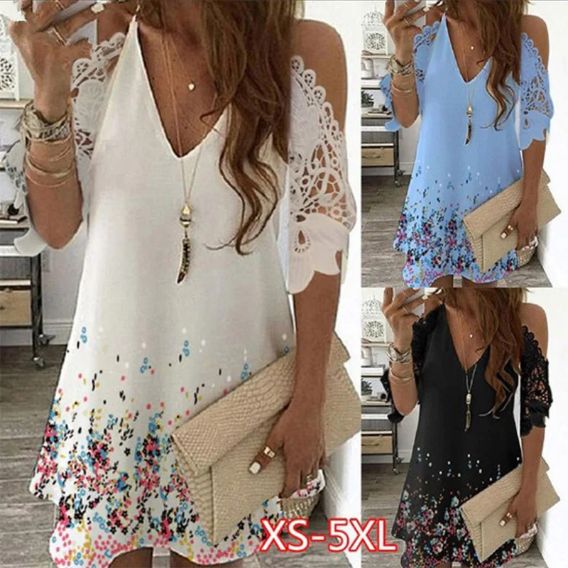 

Aimsnug Women Elegant Short Mini Dress Vintage Print Summer Beach Dress 2021 Plus size Ladies Bohemian A-line Dresses Femme 5xl