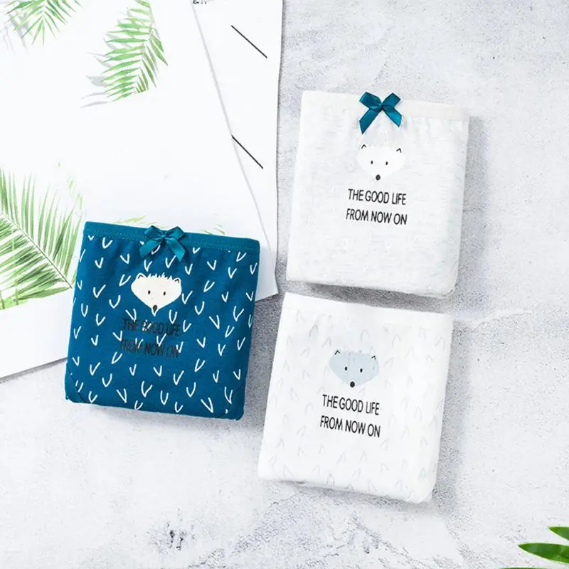 

Women Teens Girls High Waist Cotton Menstrual Sanitary Underwear Cute Cartoon Animal Fox Printed Briefs Bowknot Decor Leakproof