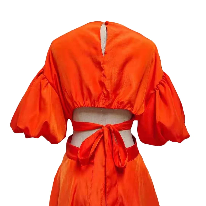 

SISPELL Hollow Out Dresses For Female O Neck Short Sleeve Lace Up Bowknot Ruched Women's Elegant Dress Fashion Tide 2021