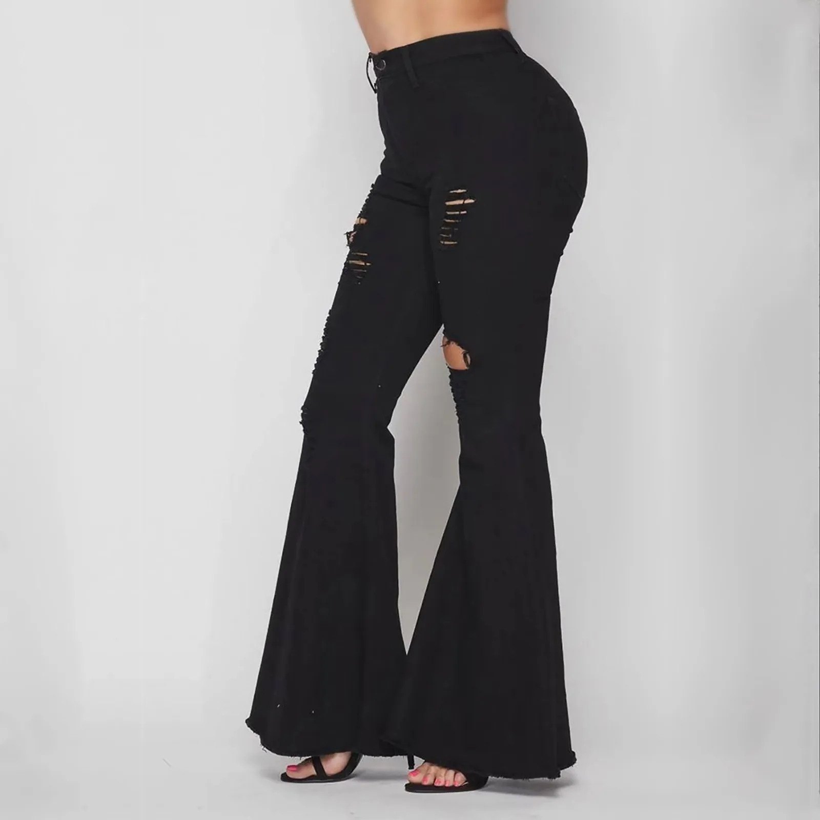

Women's High Waist Pocket Wide Leg Jeans Flared Skinny Button Trousers