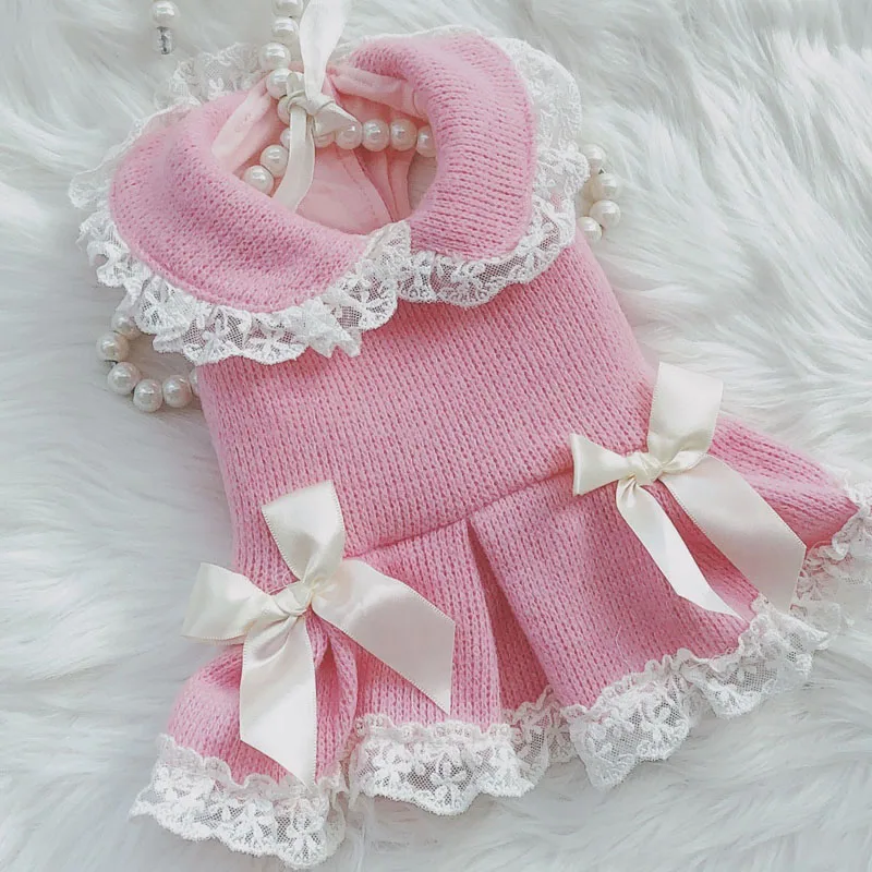 Милая одежда для принцессы и собак вязаное пальто платье зимнее розовое желтое