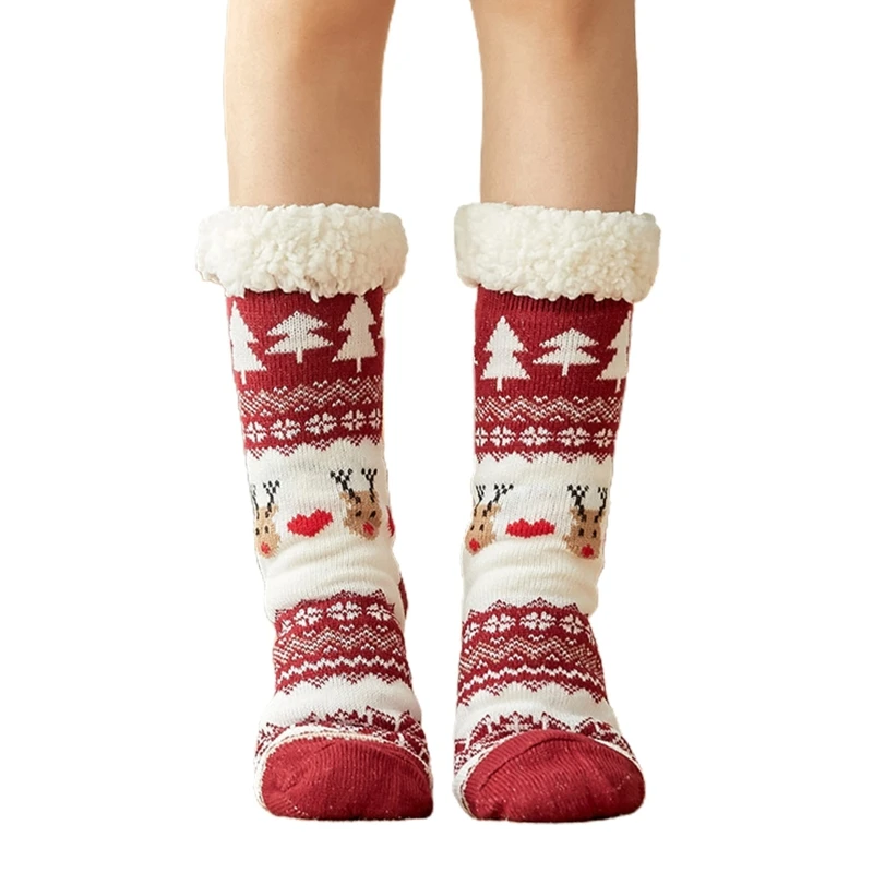 

Women Winter Warm Fuzzy Faux Fleece Lined Slipper Socks with Non Slip Grippers Christmas Reindeer Knitted Floor Hosiery