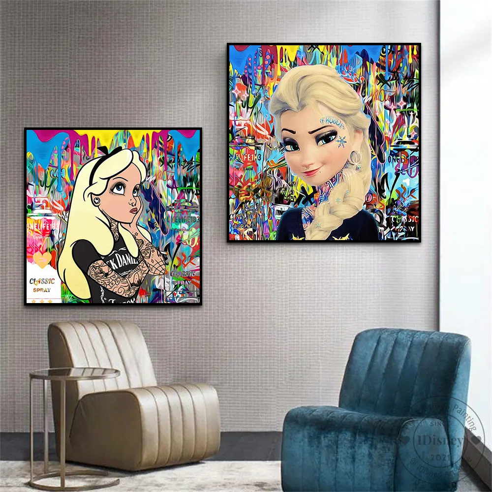 

Disney Princess Graffiti Poster Prints Mickey Mouse Canvas Painting Classic Spray Wall Art Picture For Kids Room Wall Home Decor