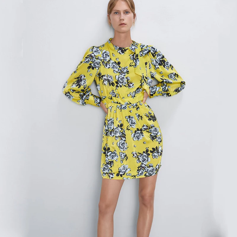 Модное осенне-летнее платье Boho ZA с принтом женское элегантное свободное платье с бантом вечерние подарки дружбы/девушки новейшее платье V/o-образным вырезом