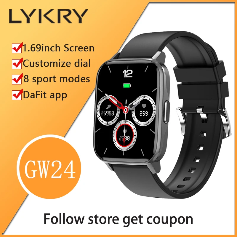 

Смарт-часы LYKRY GW24 для мужчин и женщин, экран 1,69 дюйма, водостойкие, IP68, с пульсометром и тонометром, для Android и ios
