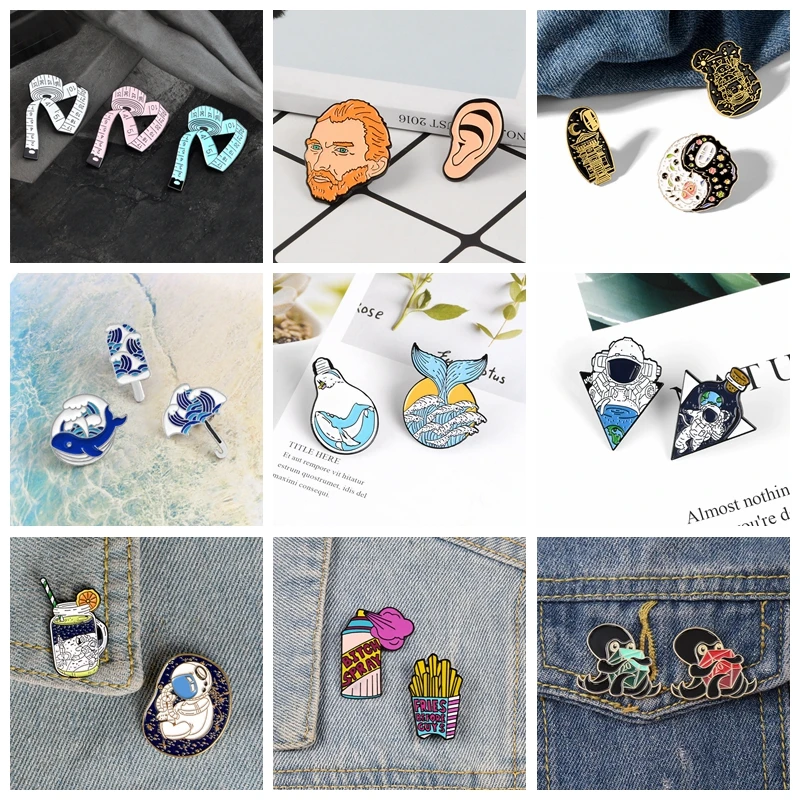 2~4pcs/set Cartoon Mixed theme Enamel Pin Whale Space Badge Ocean Wave Custom Brooch Lapel Pin Badges For Backpack Jewelry Gift