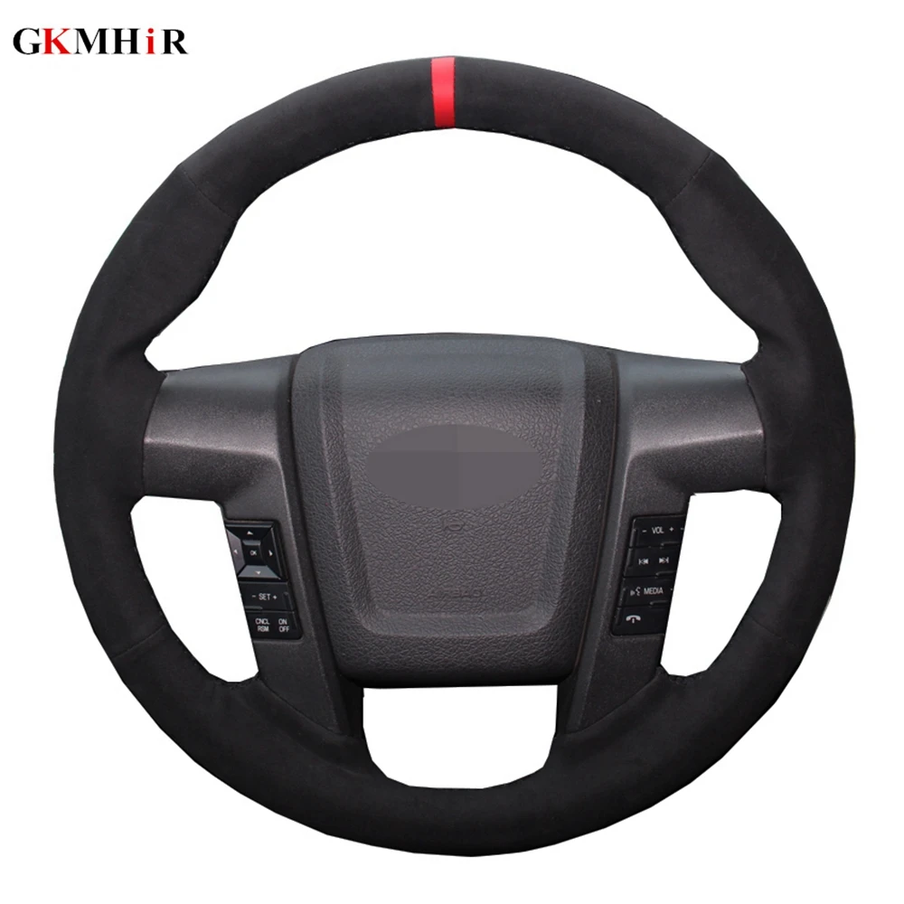 

Car Steering Wheel Cover Hand-stitched Black Genuine Leather Suede For Ford F-150 F150 SVT Raptor 2010 2011 2012 2013 2014